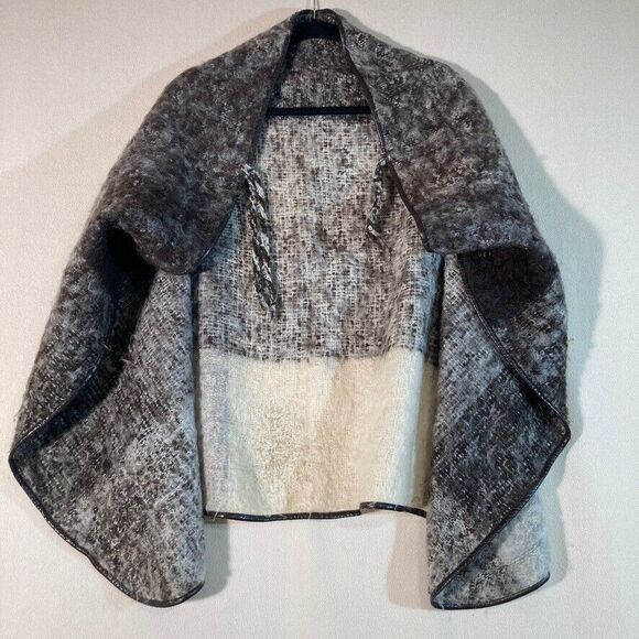 Lena Rewell Wrap Neutral Brown/Ivory Vintage Mohair Wool Leather Trim Cape Sz L